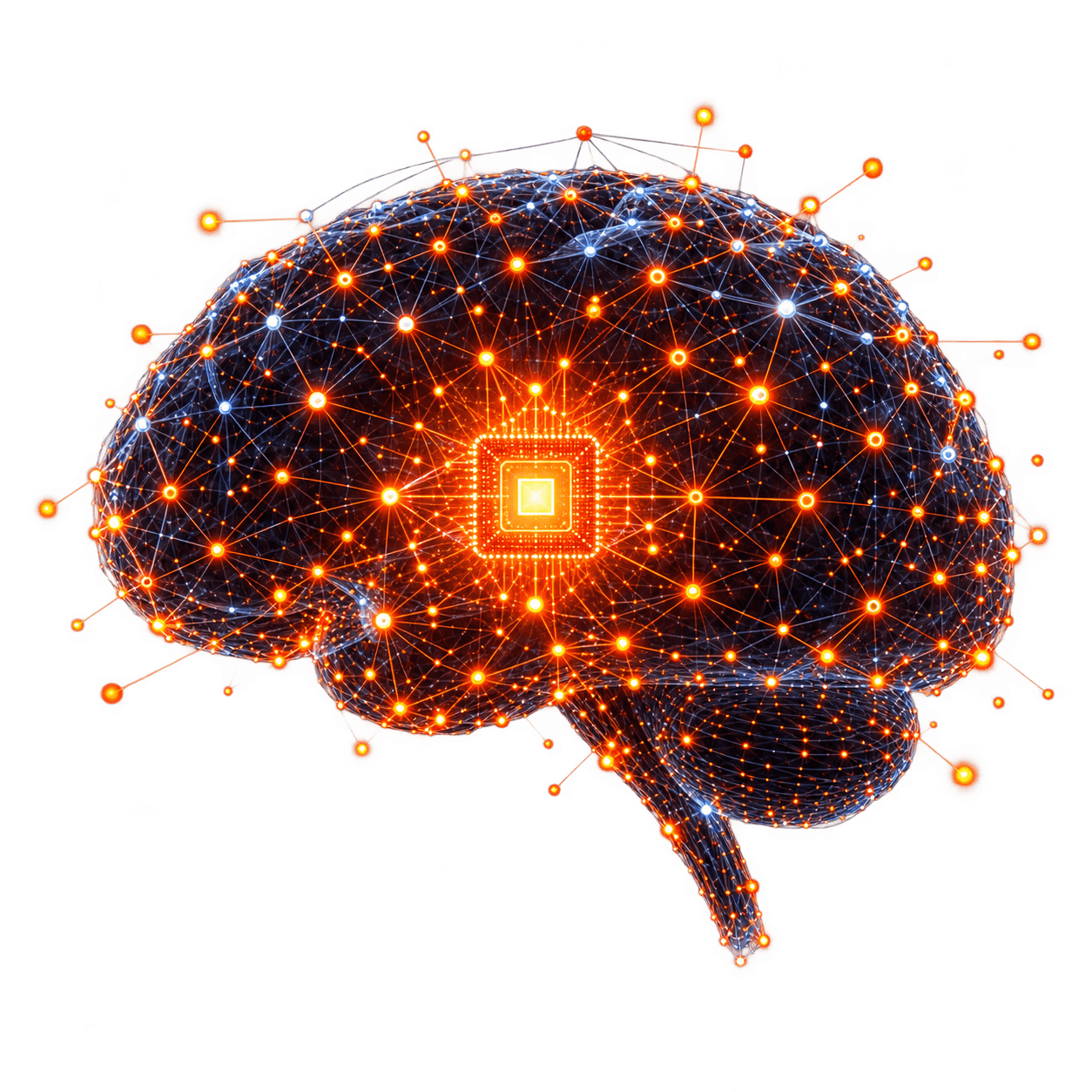 Glowing neural AI brain with an on-device processor core